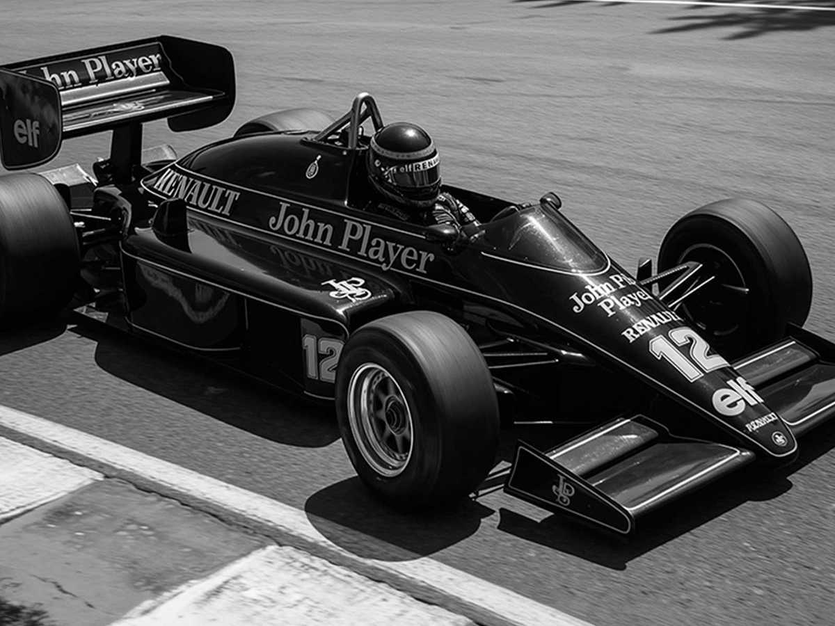 Lotus cornering on the Djeddah circuit rendered as sweeping speed lines and minimalist track markers to convey motion
