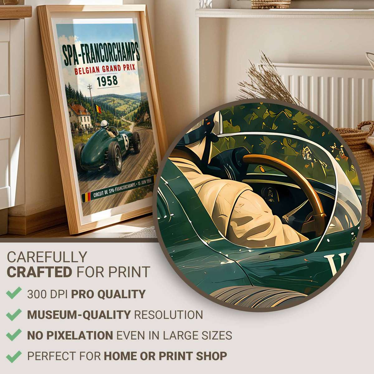 Spa F1 Circuit decorative print featuring race action framed by a bold circuit atmosphere for motorcycle fans