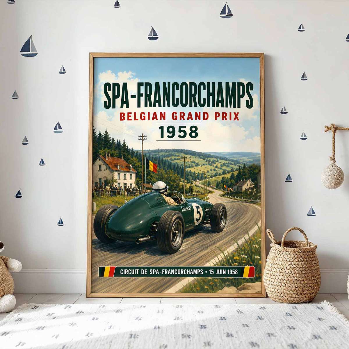 Spa F1 Circuit decorative print featuring race action framed by a bold circuit atmosphere for motorcycle fans
