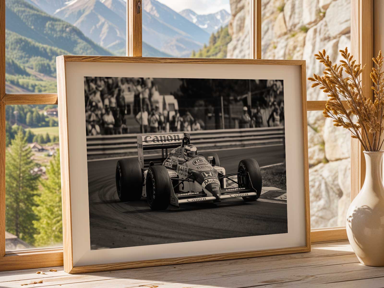 Reflections on wet track surface mirror sharp aero edges of the car, creating a decorative yet dynamic narrative composition