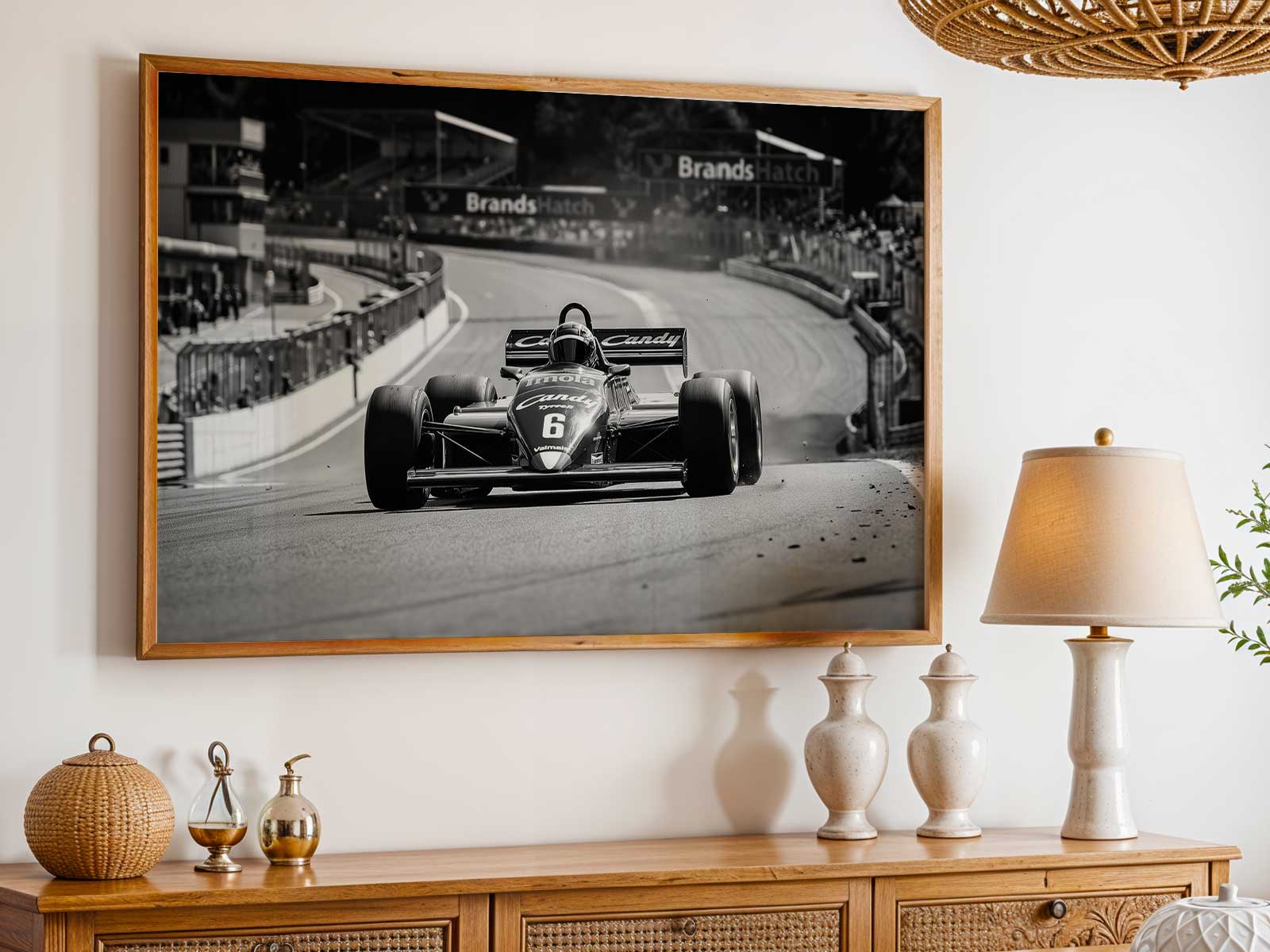 Wide compositional frame of a Tyrrell mid-race with crowd and track architecture blurred into decorative patterns