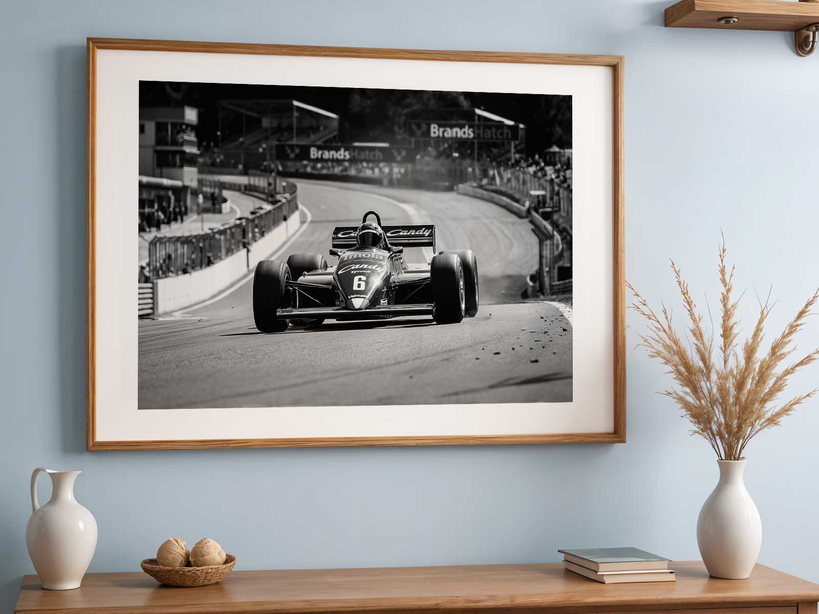 High-contrast silhouette of a Tyrrell against a stylized sky, graphic shapes and negative space creating decorative drama