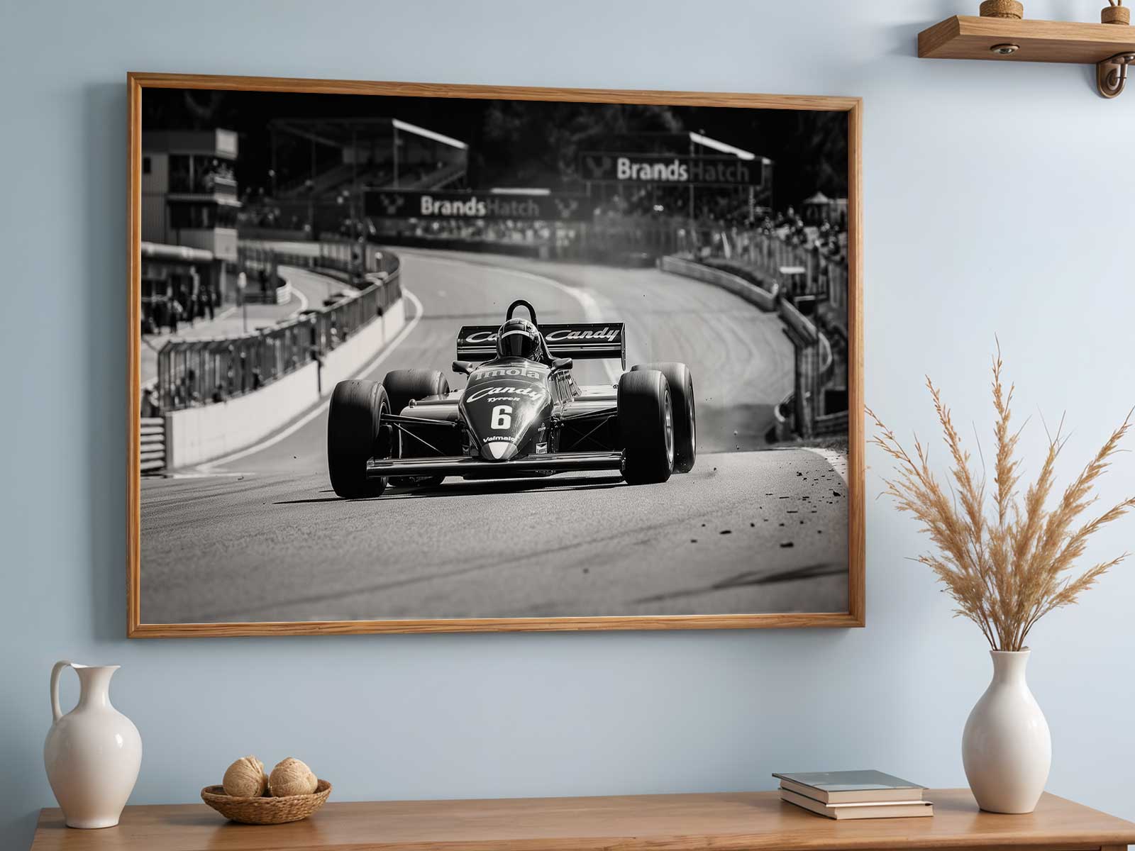 Tyrrell F1 car silhouette in bold blue and white with high-contrast pop color background