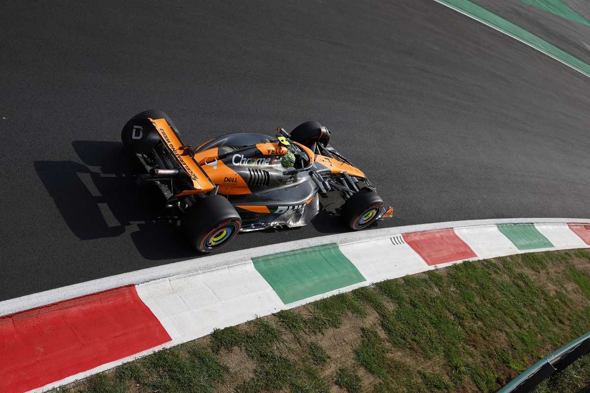 Close-up of cars braking hard into the La Roggia chicane showing front wing downforce and brake temperature management