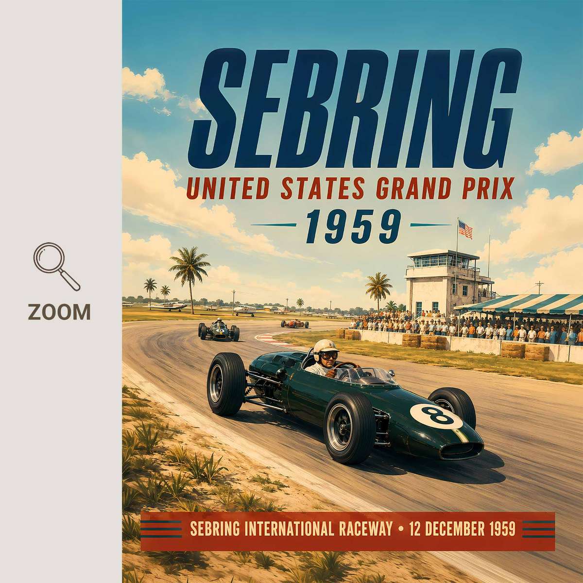 Vintage USA Grand Prix poster featuring race action framed by a bold circuit atmosphere inspired by sebring 1959 formula 1