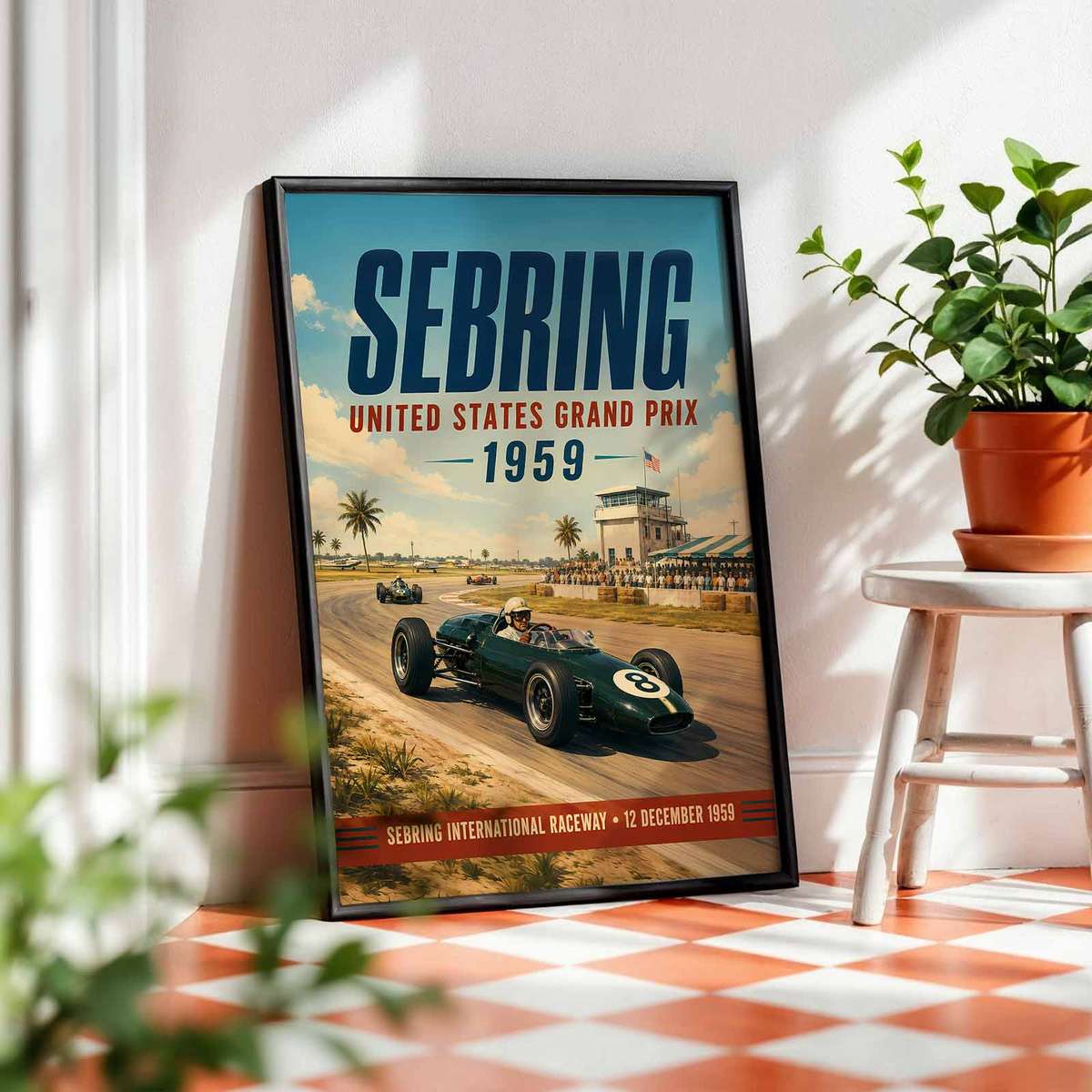 USA Grand Prix shown in a vintage composition showcasing motorsport engineering and intense visual movement