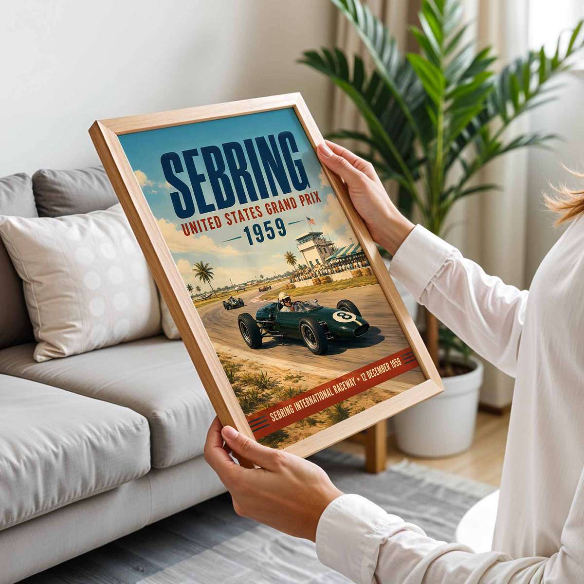 Vintage USA Grand Prix poster featuring speed-focused composition with trackside detail