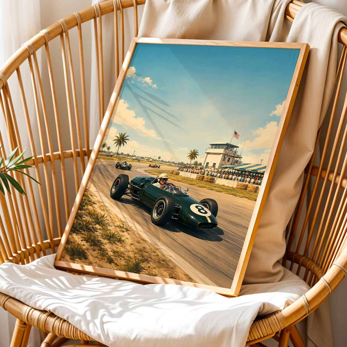 Retro USA Grandprix painting featuring racing lines with dramatic circuit energy