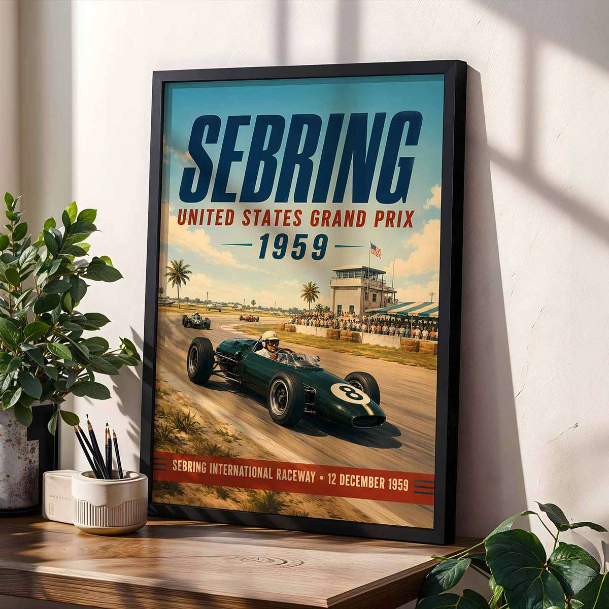 Gallery-style USA Grand Prix artwork with vintage details for modern living space decor